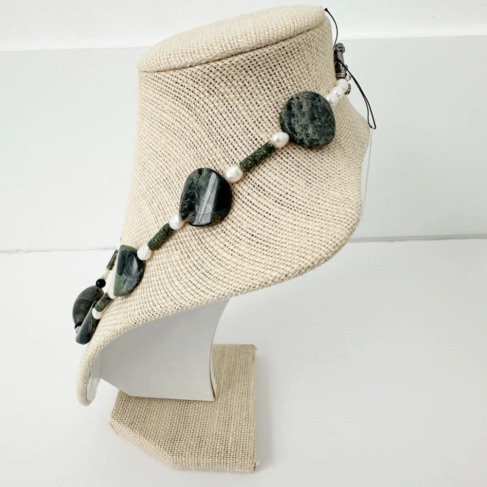 NWT Genuine Jasper, Black Onyx & Pearl Beaded Necklace Green Black White